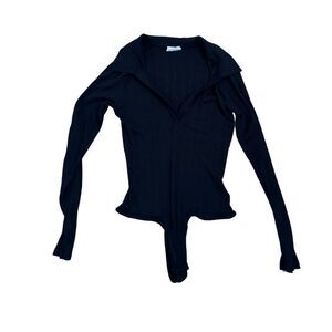 Clyque The Label Womens Black Long Sleeve Collared Stretchable Bodysuit Large